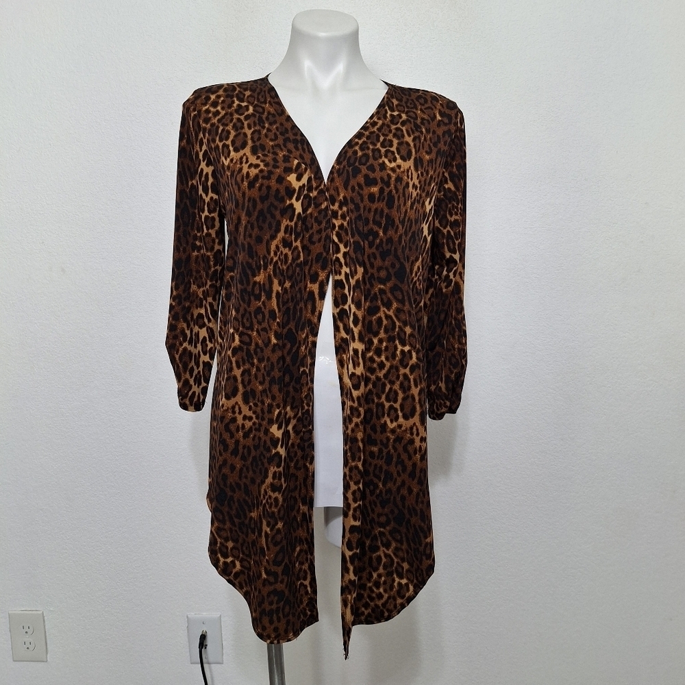 IMAN Brown Black Animal Print Mobwife Waterfall Lightweight Cardigan Size M